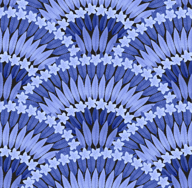 istock Vector Seamless pattern of hand drawn tropical  Plumeria flowers and indigo blue leaves on a dark black background. Wallpaper, Wrapping paper, Hawaii print 1138151122