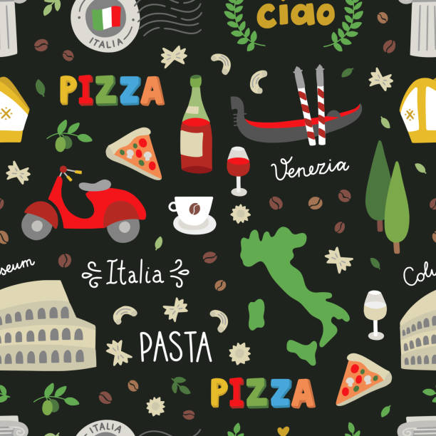 ilustraciones, imágenes clip art, dibujos animados e iconos de stock de patrón inconsútil de italia. fondo vectorial con símbolos italianos e iconos de viaje - italian culture rome europe cartoon