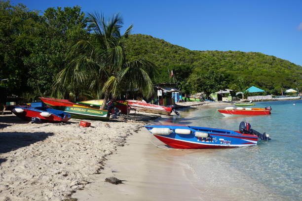 táxis de água coloridos do cararibe em uma linha mayreau - ilha mayreau - fotografias e filmes do acervo