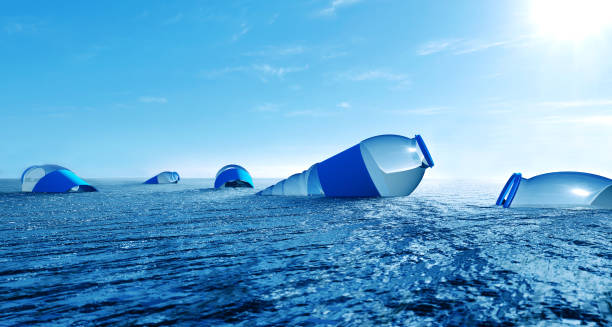 Plastic bottles float in the sea polluting the water in the ocean