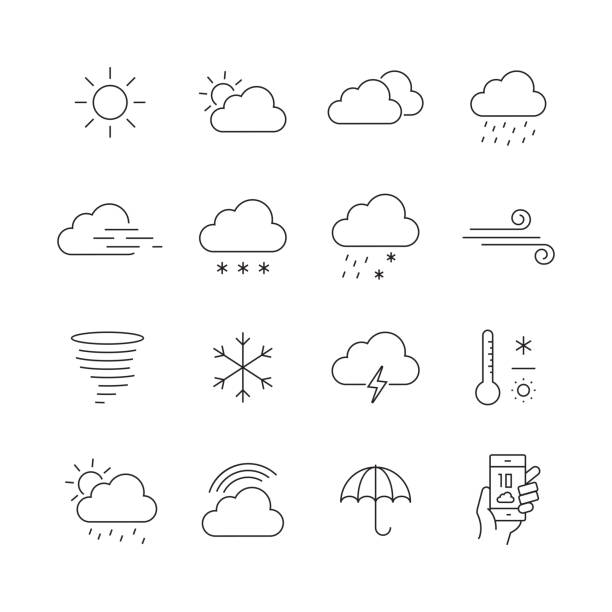 ilustraciones, imágenes clip art, dibujos animados e iconos de stock de tiempo relacionado-conjunto de iconos vectoriales de línea delgada - rain tornado overcast storm