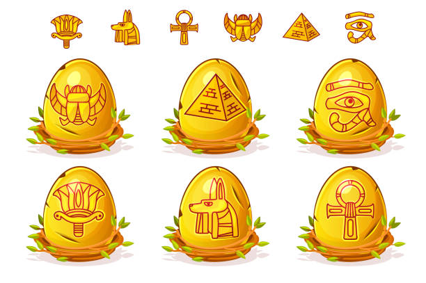 ilustraciones, imágenes clip art, dibujos animados e iconos de stock de huevo de oro con símbolos egipcios, huevos de pascua en aves anidan de ramitas. - cross cross shape shiny gold