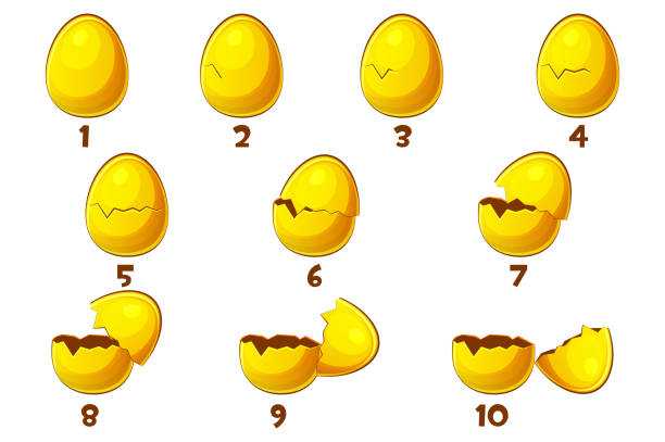 illustrazioni stock, clip art, cartoni animati e icone di tendenza di uova d'oro, 10 passi animazioni uovo . simbolo di pasqua vettoriale. normale, danneggiato e rotto. - guscio duovo