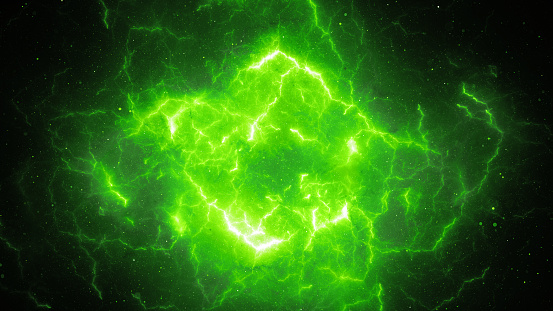 Green glowing high energy lightning, computer generated abstract background, 3D rendering