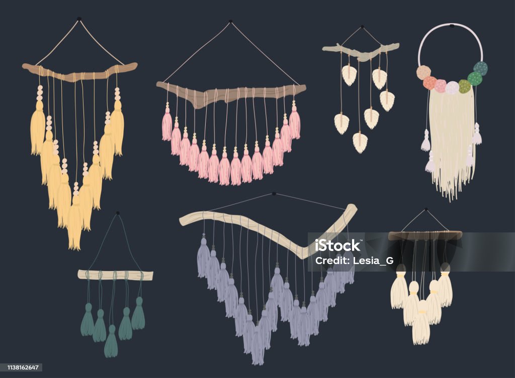 Macrame wall hangings.Bundle of elegant handmade home decorations made of cotton cord isolated on white background. Macrame stock vector