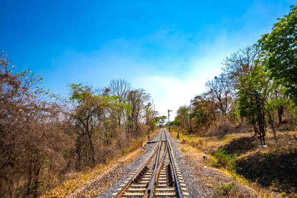 Railway train on hills on blue sky in country