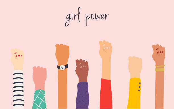 ilustraciones, imágenes clip art, dibujos animados e iconos de stock de las manos de las mujeres. poder de la muchacha. símbolo de feminismo. - derechos de la mujer ilustraciones
