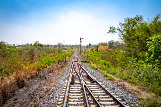 Railway train on hills on blue sky in country