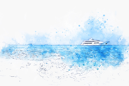 Abstract blue color shape on speed boat in the ocean on watercolor illustration painting background.