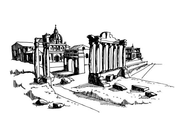 bildbanksillustrationer, clip art samt tecknat material och ikoner med vektor skiss av forntida ruiner av forum romanum eller foro romano, rom, italien. - ancient rome forum