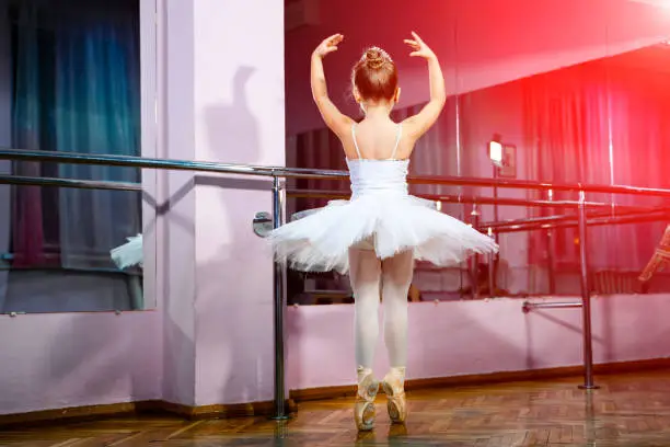 Adorable little ballerina in a white tutu and tights standing in pose in front of the mirror in studio. Back view of a nice girl posing on tiptoes with her hands over the head.