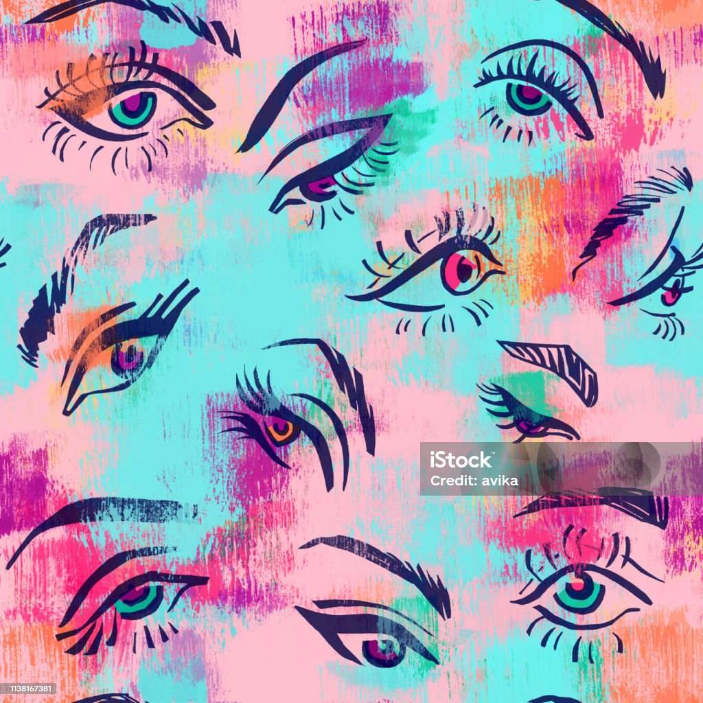 Seamless pattern with women eyes and eyebrows  on multicolour brush painted background seamless pattern - nice choice for home textile and woman and girl stuff Eyebrow stock illustration