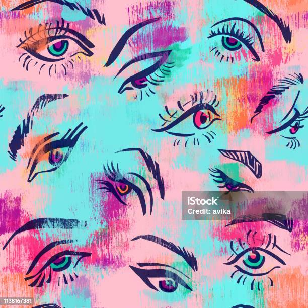 Seamless Pattern With Women Eyes And Eyebrows On Multicolour Brush Painted Background Stock Illustration - Download Image Now