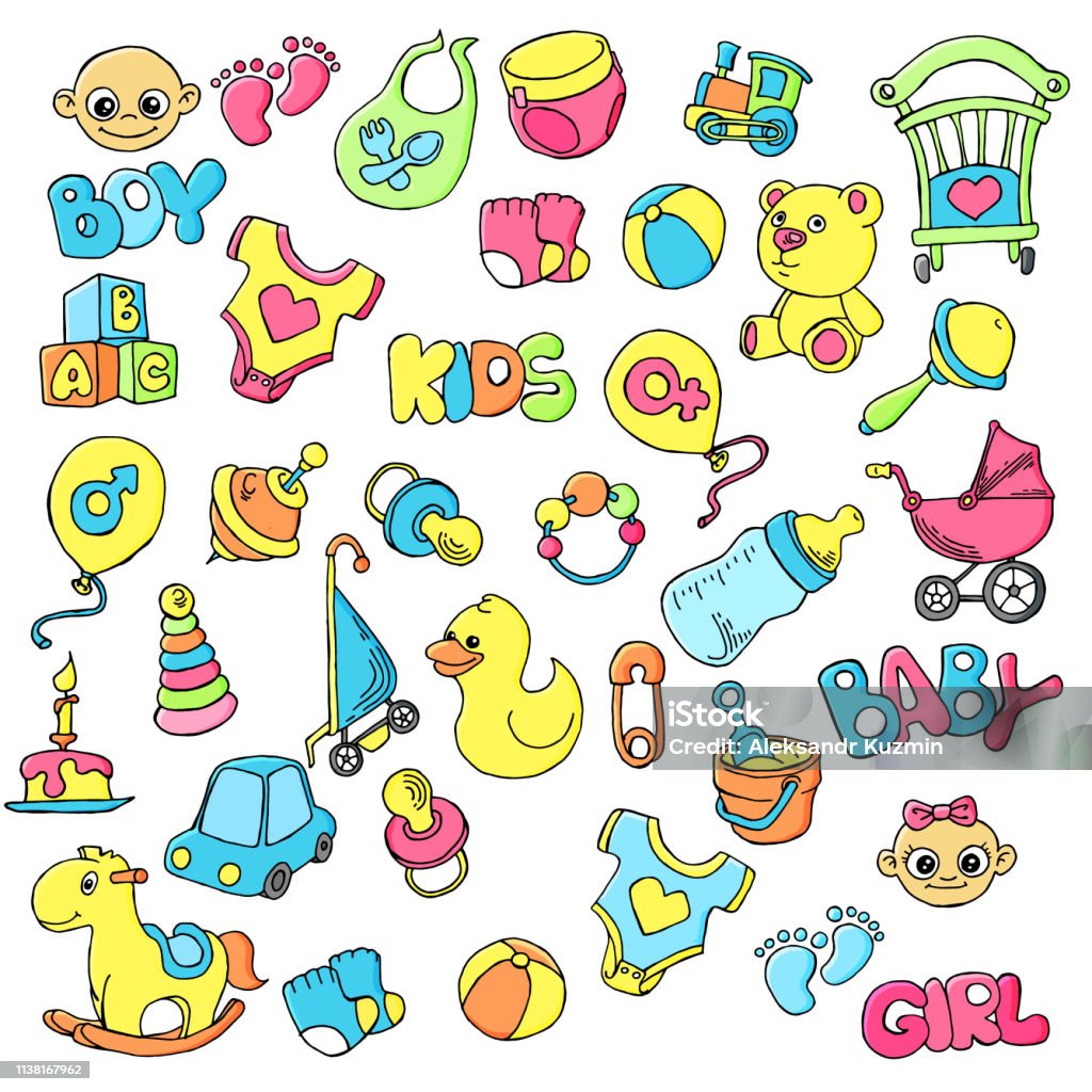 Vector Hand Drawn Set Of Newborn Baby Care Cartoon Doodle Objects And Items  Stock Illustration - Download Image Now - iStock