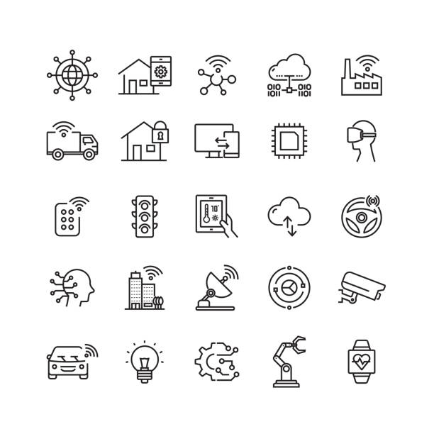 ilustraciones, imágenes clip art, dibujos animados e iconos de stock de iconos de línea vectorial relacionados con internet de las cosas - remote connection