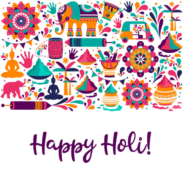 ilustraciones, imágenes clip art, dibujos animados e iconos de stock de happy holi elementos vectoriales para el diseño de la tarjeta, happy holi diseño con icono colorido. - holi