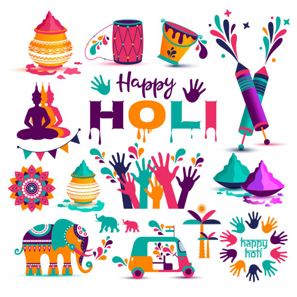 Set of Holi flat icons in indian style. Vector illustration Set of Holi flat icons in indian style. Vector illustration. holi stock illustrations