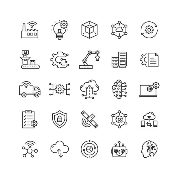 Vector illustration of Industry 4.0 Related Vector Line Icons