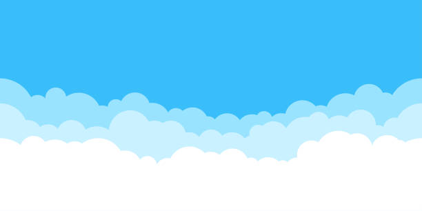 Blue sky with white clouds background. Border of clouds. Simple cartoon design. Flat style vector illustration. Blue sky with white clouds background. Border of clouds. Simple cartoon design. Flat style vector illustration. cloudscape stock illustrations