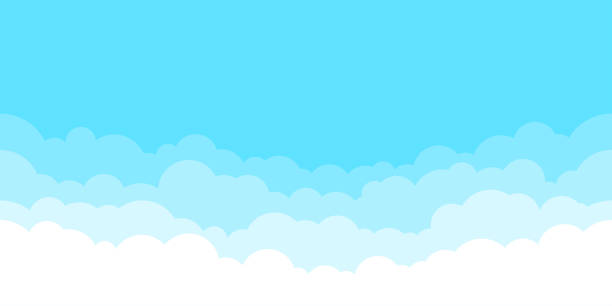 Blue sky with white clouds background. Border of clouds. Simple cartoon design. Flat style vector illustration. Blue sky with white clouds background. Border of clouds. Simple cartoon design. Flat style vector illustration. sky designs stock illustrations