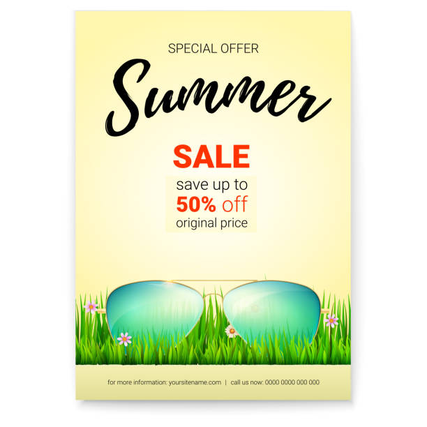 Summer sale. Promo poster with 50 percent discount. Handwriting text on hot background. Sunglasses are lying in green juicy grass. Template for discount actions, promo events in shops and markets. Summer sale. Promo poster with 50 percent discount. Handwriting text on hot background. Sunglasses are lying in green juicy grass. Template for discount actions, promo events in shops and markets handwriting font not script stock illustrations