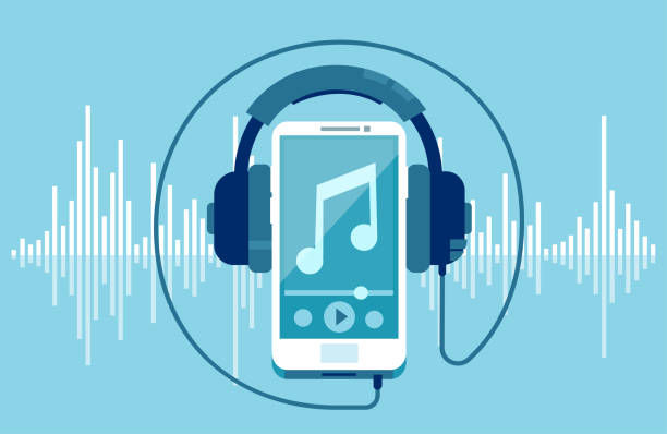 akıllı telefon ve kulaklıkların vektörü - kulaklık seti ses ekipmanı illüstrasyonlar stock illustrations