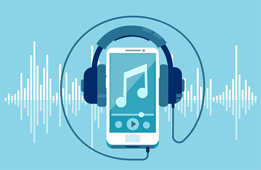 Vector of a smart phone and headphones on a equalizer blue background