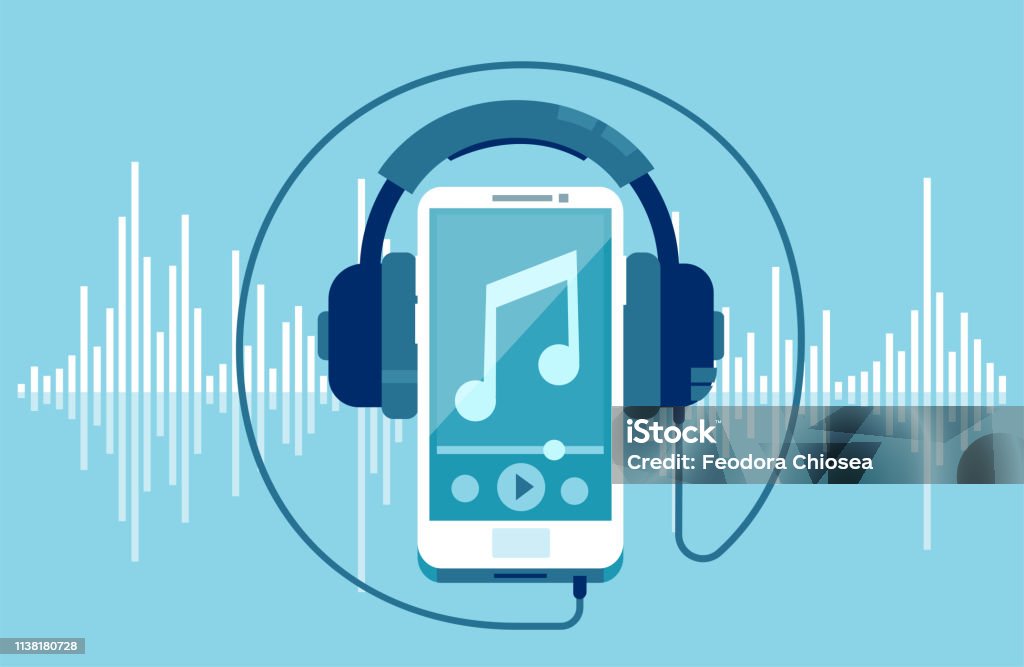 Vector of a smart phone and headphones Vector of a smart phone and headphones on a equalizer blue background Music stock vector
