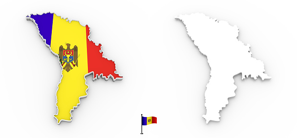 3D High detailed white silhouette of Moldova map and national flag
