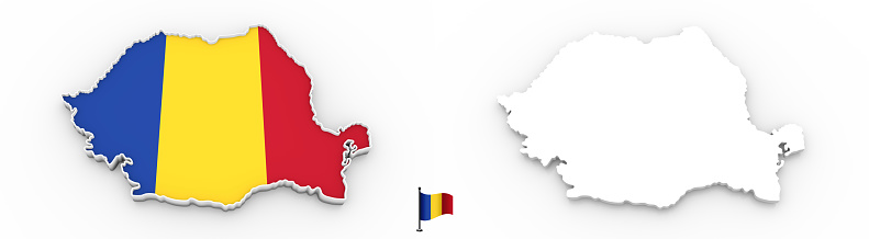 3D High detailed white silhouette of Romania map and national flag