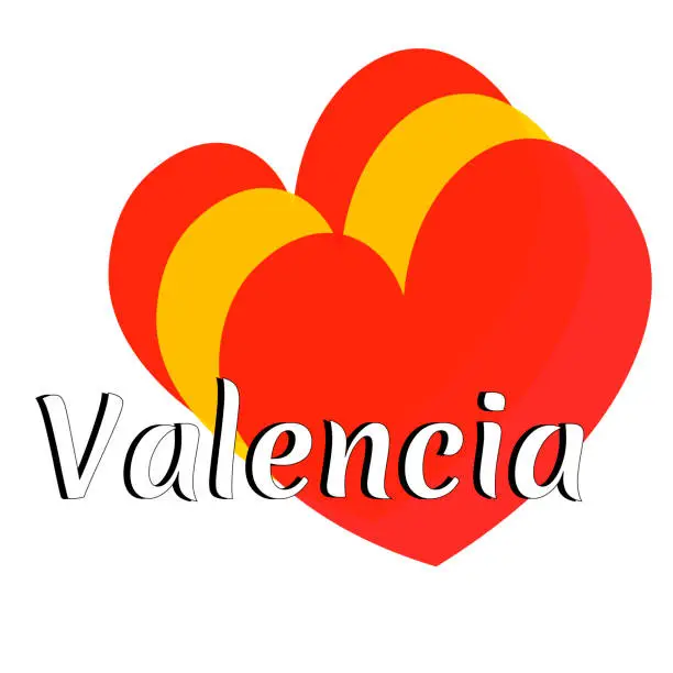 Vector illustration of Three heart shape elements with colors of  national flag of Spain (Europe) with inscription of city name: Valencia in modern style. Simple logo for souvenirs, t-shirts. Vector EPS10 illustration.