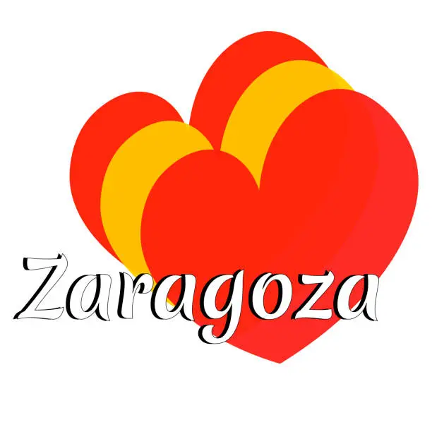 Vector illustration of Three heart shape elements with colors of  national flag of Spain (Europe) with inscription of city name: Zaragoza in modern style. Simple logo for souvenirs, t-shirts. Vector EPS10 illustration.