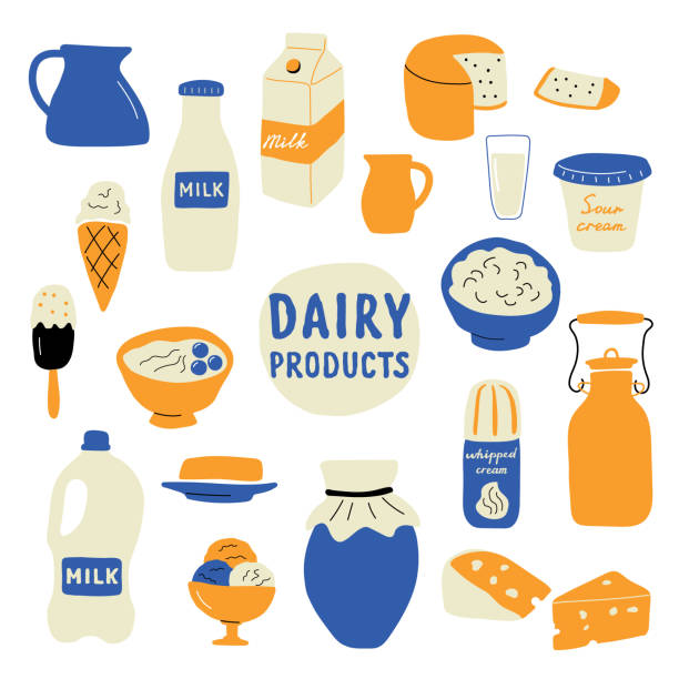 乳製品セット: 牛乳、チーズ、バター、サワークリーム、アイスクリーム、ヨーグルト、コテージチーズ、ホイップクリーム。面白い落書き手描きベクトルイラスト。白い上に孤立したかわ� - 酪農点のイラスト素材／クリップアート素材／マンガ素材／アイコン素材