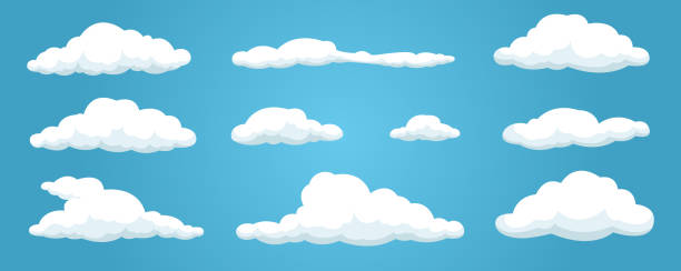 青い背景に孤立した雲が設定されます。シンプルなかわいい漫画のデザイン。アイコンまたはロゴコレクション。リアルな要素。フラットスタイルのベクターイラスト。 - 雲点のイラスト素材／クリップアート素材／マンガ素材／アイコン素材