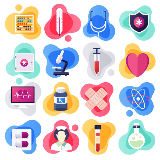 Oncology & Clinical Pharmacology Flat Liquid Style Vector Icon Set Oncology and clinical pharmacology liquid flat flow style concept symbols. Flat design vector icons set for infographics, mobile and web designs. patient designs stock illustrations