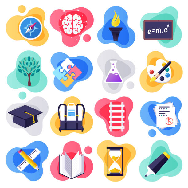 Back to School & Learning Skills Flat Liquid Style Vector Icon Set Back to school and learning skills liquid flat flow style concept symbols. Flat design vector icons set for infographics, mobile and web designs. learning and development stock illustrations