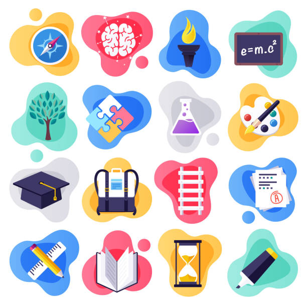 Back to School & Learning Skills Flat Liquid Style Vector Icon Set Back to school and learning skills liquid flat flow style concept symbols. Flat design vector icons set for infographics, mobile and web designs. kids goal setting stock illustrations