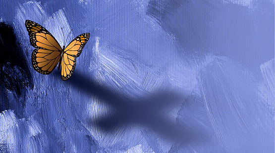 Graphic conceptual illustration of iconic butterfly casting a shadow of the Christian cross of Jesus against a painted textured background.