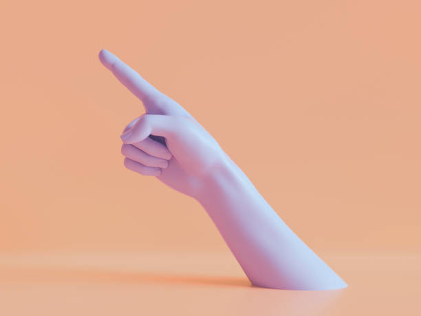 istock 3d render, female hand isolated, finger up, pointing gesture, direction symbol, shop display, minimal fashion background, mannequin body part, show, presentation, peachy violet pastel colors 1138193628