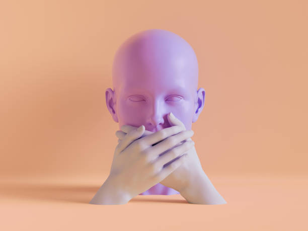 istock 3d render, speechless female mannequin head, mouth closed by hands, silence concept, isolated object, minimal fashion background, shop display, pink peachy violet pastel colors 1138193900