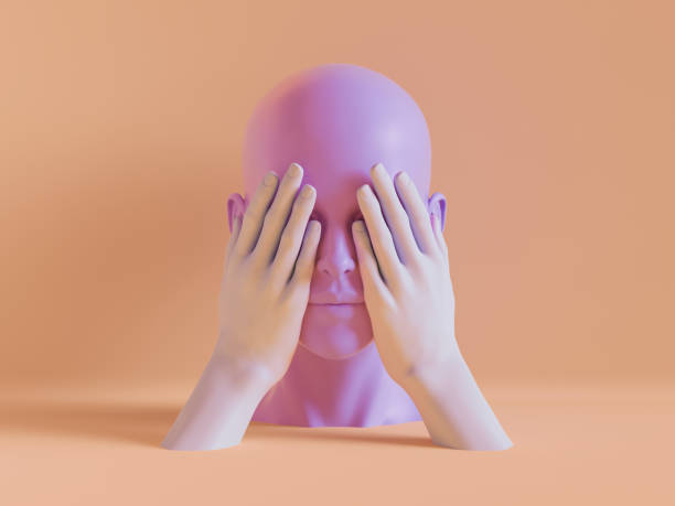 istock 3d render, female mannequin head, eyes closed by hands, blind concept, isolated object, minimal fashion background, shop display, pink peachy violet pastel colors 1138193958