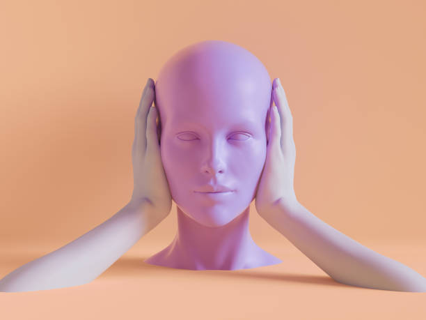 istock 3d render, female mannequin head, ears closed by hands, silence concept, isolated object, minimal fashion background, shop display, pink peachy violet pastel colors 1138194005
