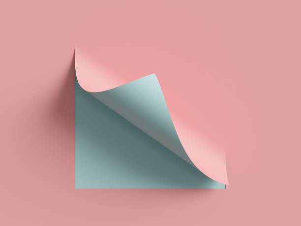 3d render, pink blue note paper, curled corner, page curl. abstract creative background, modern mock up. design element for advertising and promotional message. - page turning corner folded imagens e fotografias de stock