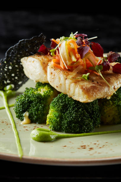 Fish fillet with brocolli Turbot fillet with steamed broccoli turbot stock pictures, royalty-free photos & images
