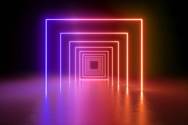 istock 3d render, abstract background, square portal, glowing lines, tunnel, neon lights, virtual reality, arch, violet red spectrum vibrant colors, laser show, isolated on black 1138194342