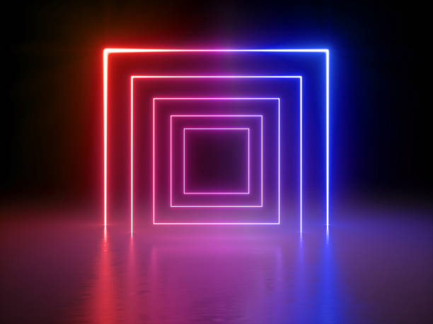 istock 3d render, glowing lines, tunnel, neon lights, virtual reality, abstract background, square portal, arch, red blue spectrum vibrant colors, laser show 1138194378