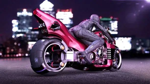 Biker girl with helmet riding a sci-fi bike, woman on red futuristic motorcycle in night city street, rear view, 3D rendering
