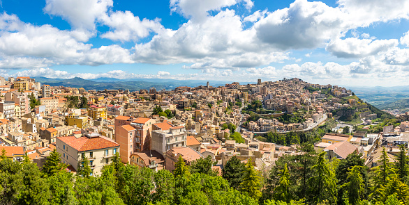 Panoramic aerial view of Enna old town, Sicily, Italy. Enna is a city and comune located at the center of Sicily. At 931 m above sea level, Enna is the highest Italian provincial capital