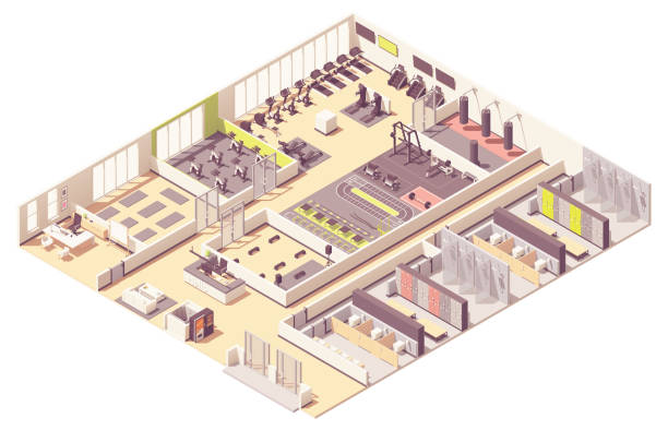 Vector isometric fitness club Vector isometric fitness club or gym interior cross-section with fitness equipment and machines. Cycling room, step aerobics and pilates rooms, boxing zone, locker rooms and gym machines gym drawings stock illustrations