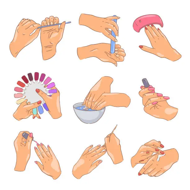 Vector illustration of Female manicure set, fingernail care and cosmetics